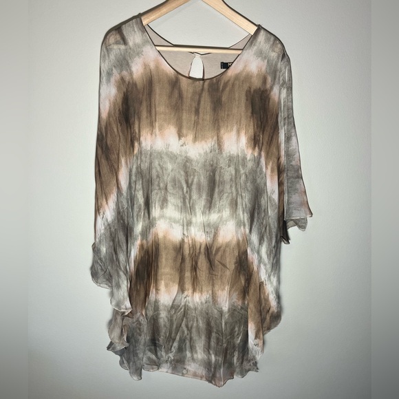 NT by Amati Tops - NT by Amati Beige Brown Tie Dye Style Print Tunic Blouse Top One Size Silk